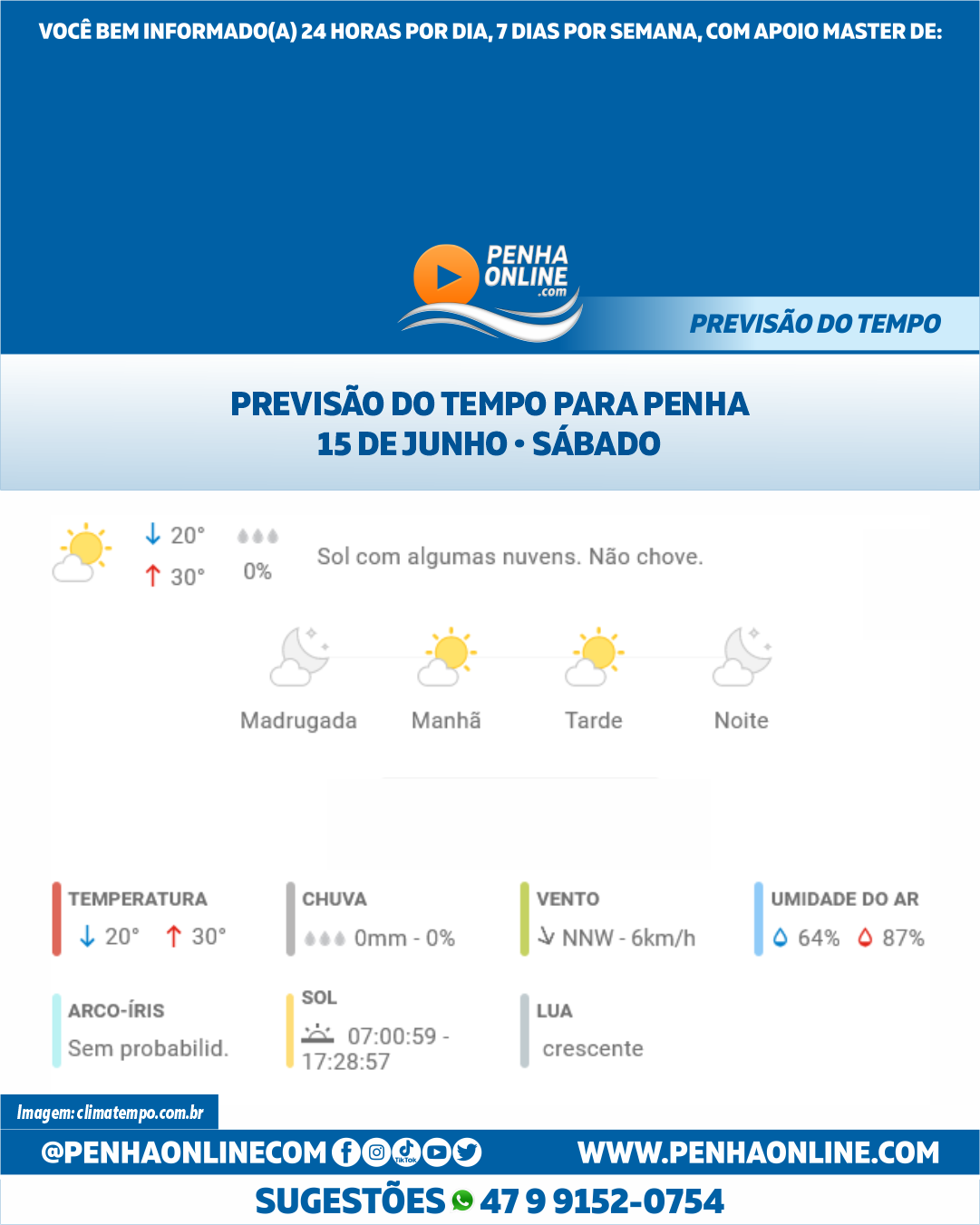 Previsão do tempo para Penha: sábado, 15 de junho de 2024 - Penha ...