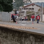 [VÍDEO] Motorista bate, derruba poste e deixa parte de Penha sem energia elétrica na tarde deste domingo (28)