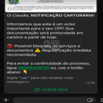 Vítima de tentativa de golpe recebe suposta notificação cartorária e faz alerta sobre mensagem suspeita
